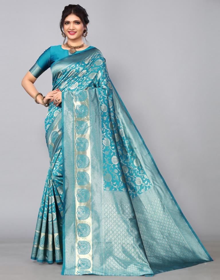 Buy Traditional Wear Sky Blue Kashmiri Work Pashmina Silk Saree Online From  Surat Wholesale Shop.