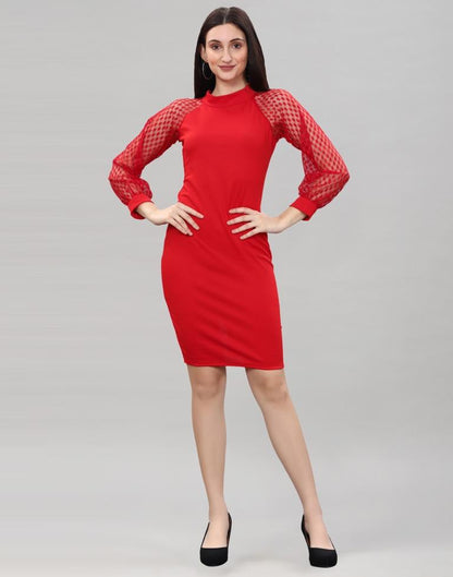 Red Coloured Lycra Knitted Bodycon Dress | Leemboodi