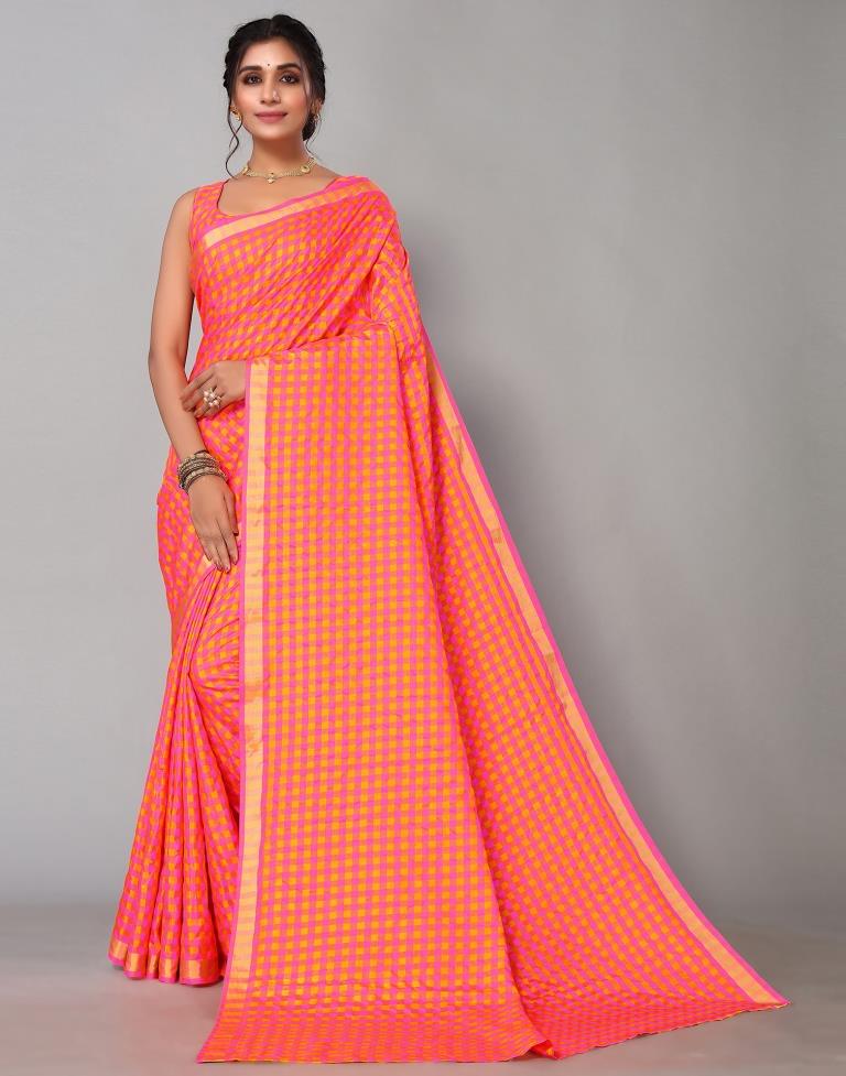 Neon Pink Silk Geometric Woven Saree | Leemboodi