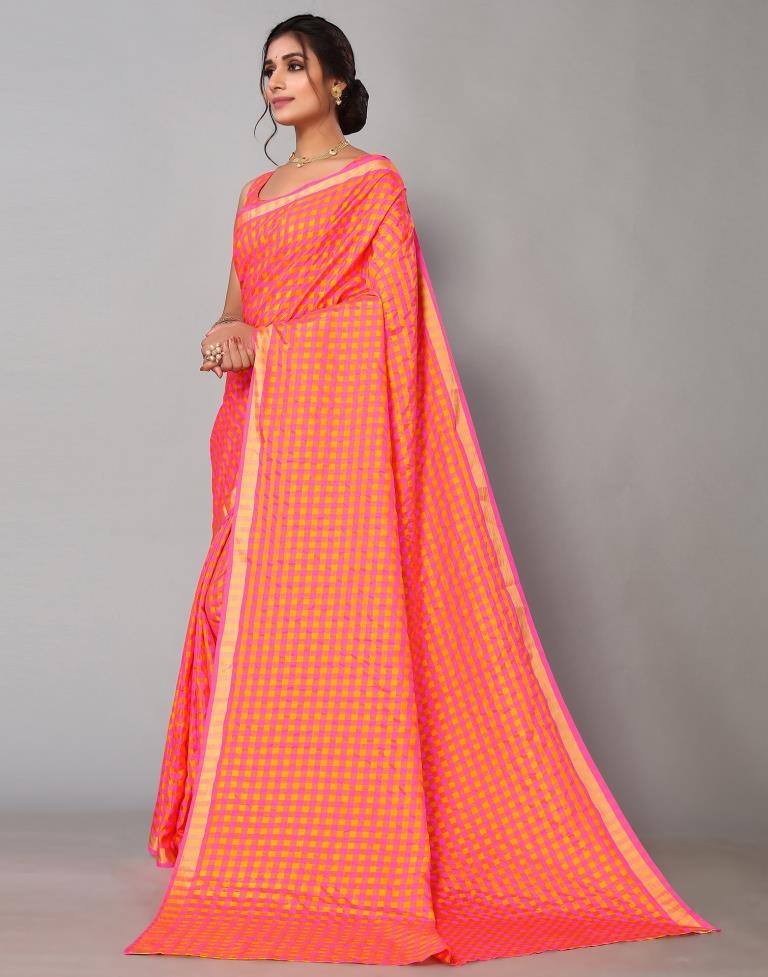 Neon Pink Silk Geometric Woven Saree | Leemboodi