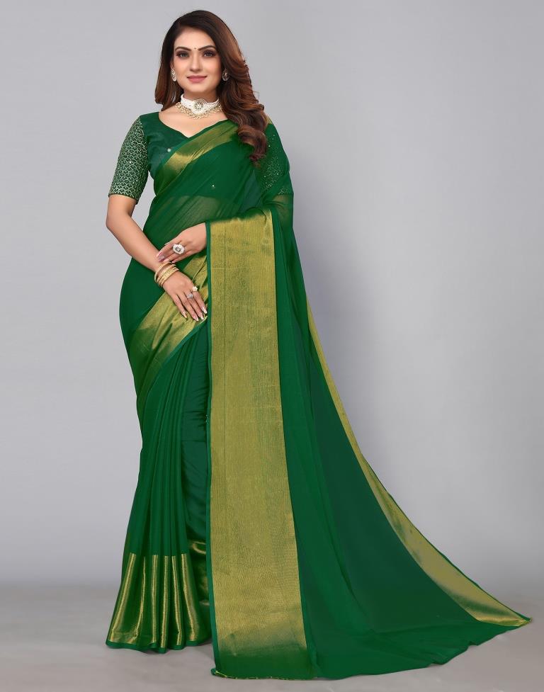 Green Plain Chiffon Saree With Designer Blouse - Brijraj - 3326570