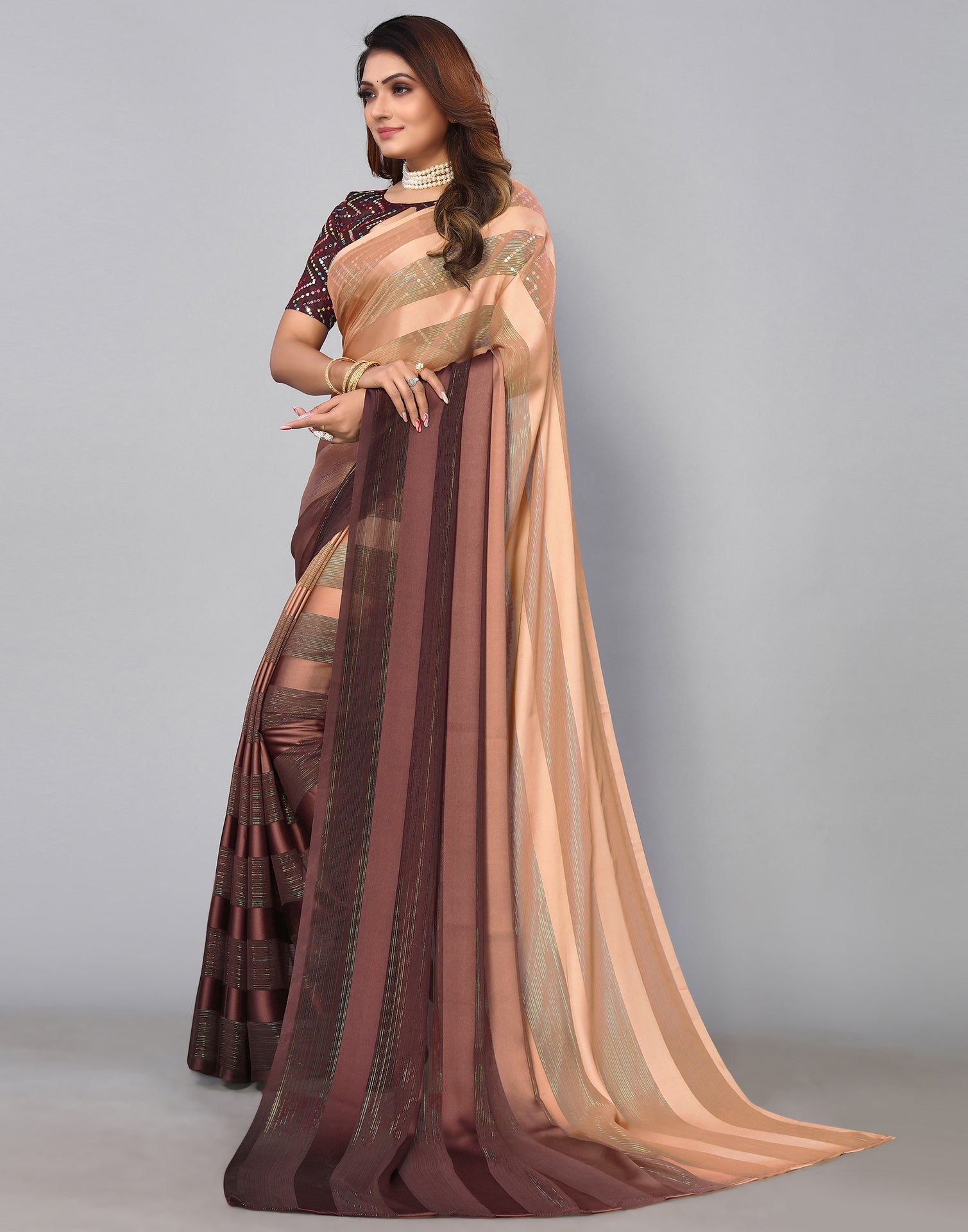 Wild Roses Georgette Brown Saree