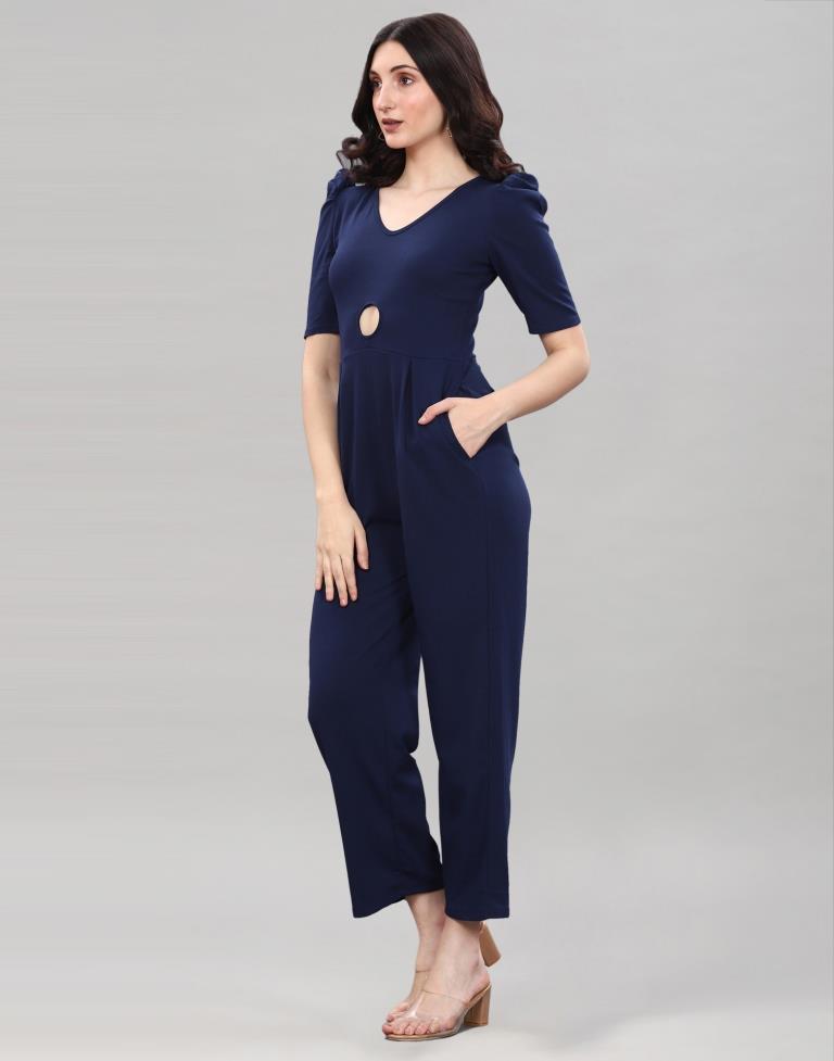 Navy Blue Coloured Lycra Knitted Jumpsuits | Leemboodi