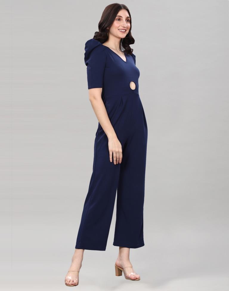 Navy Blue Coloured Lycra Knitted Jumpsuits | Leemboodi