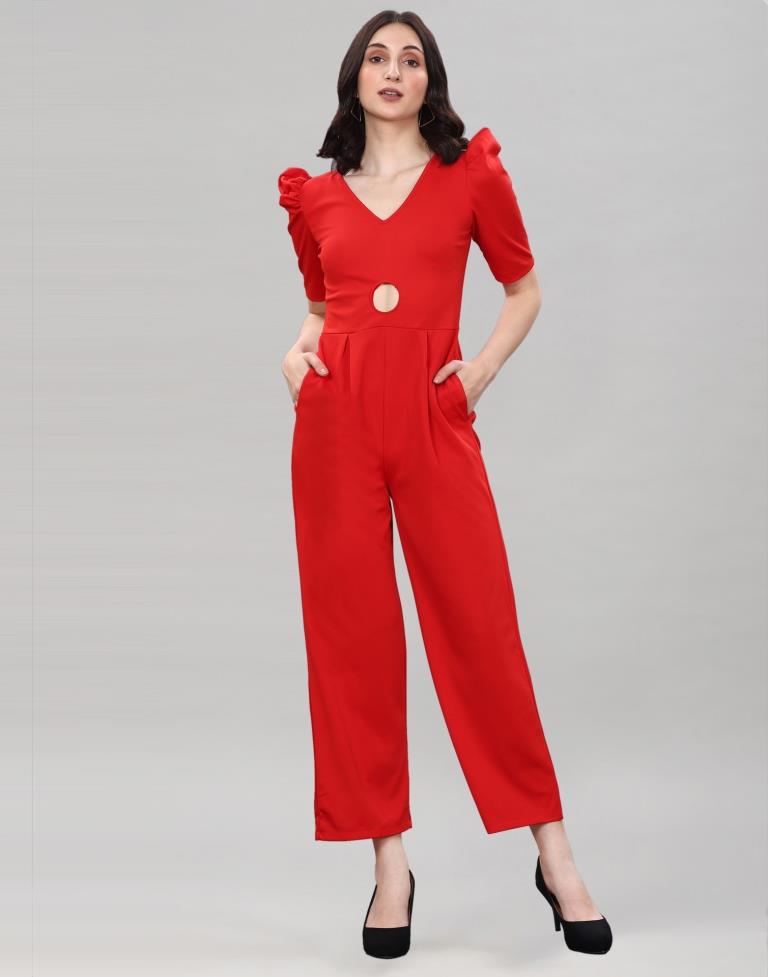 Red Coloured Lycra Knitted Jumpsuits | Leemboodi