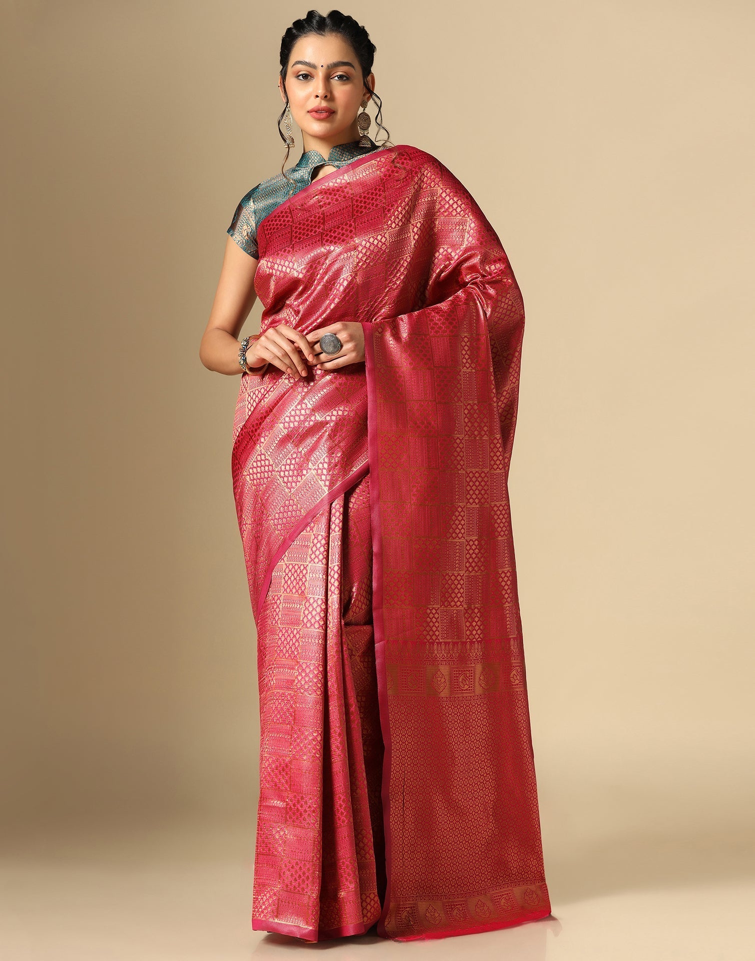 Dark Pink Silk Kanjivaram Saree | Leemboodi