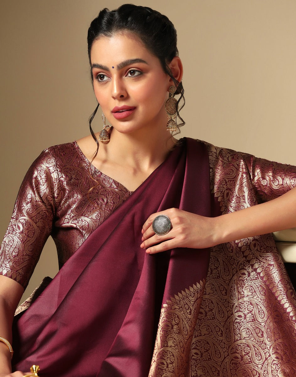 Maroon Kanchipuram Blend Pure silk handloom saree - DWITI CREATION - 3993639
