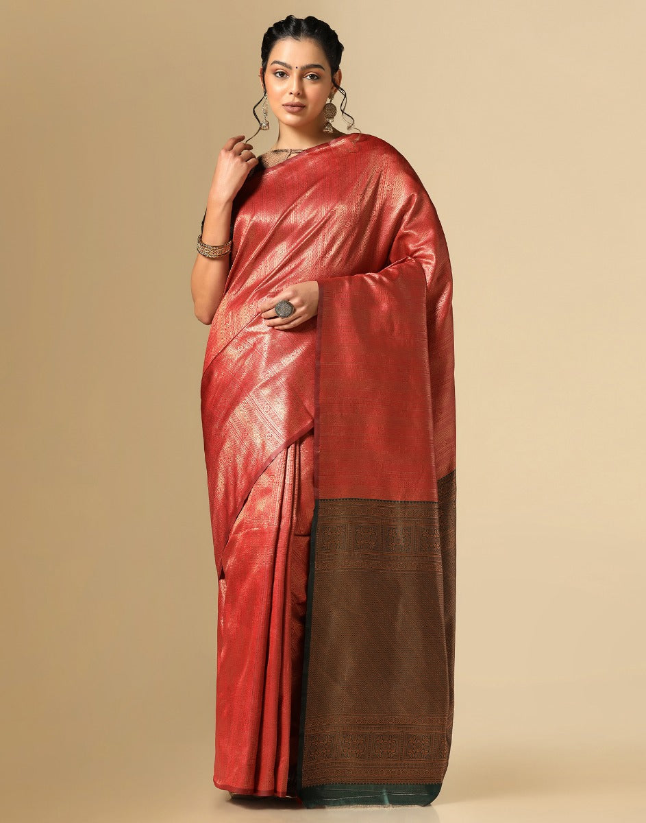 Burnt Orange Maheshwari Silk Cotton Handloom Saree With Gold Zari Bord –  Six Yard Story