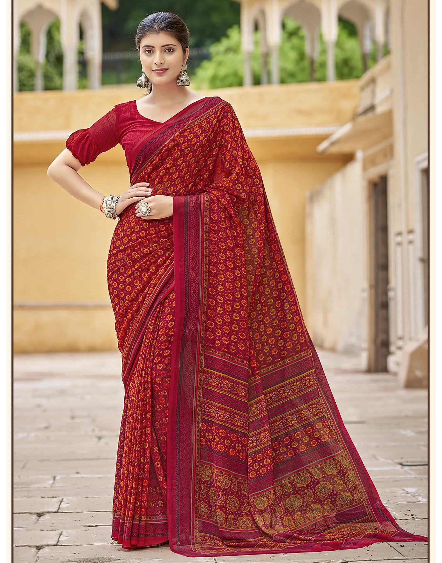 Faux Georgette Party Wear Saree in Red and Maroon with Stone work | Wedding  saree indian, Designer saree blouse patterns, Red saree wedding