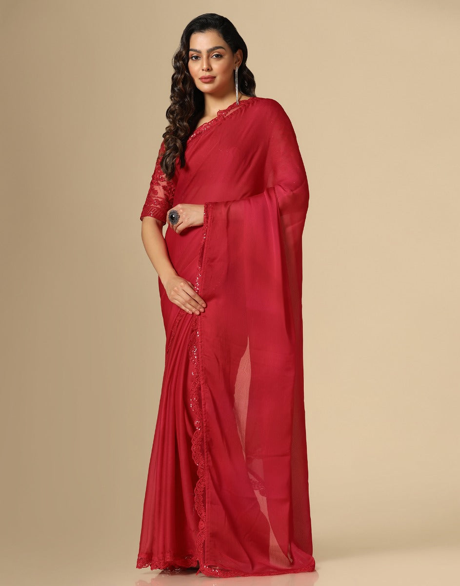 Embellished, Solid/Plain Bollywood Chiffon Saree (Red)