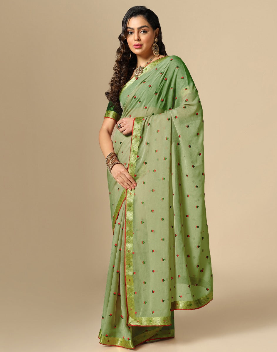 Light Green Chiffon Embroidery Saree | Leemboodi