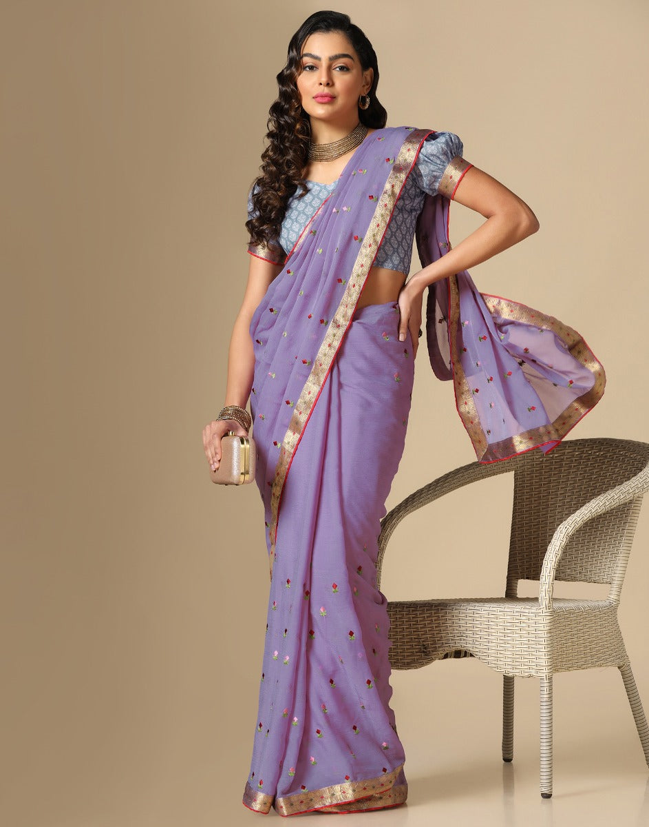 Light Purple Chiffon Embroidery Saree | Leemboodi