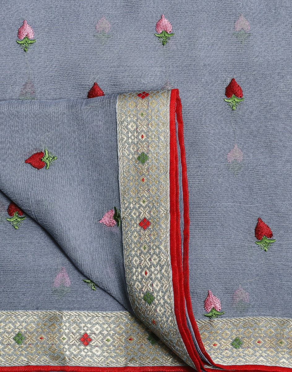 Grey Chiffon Embroidery Saree | Leemboodi