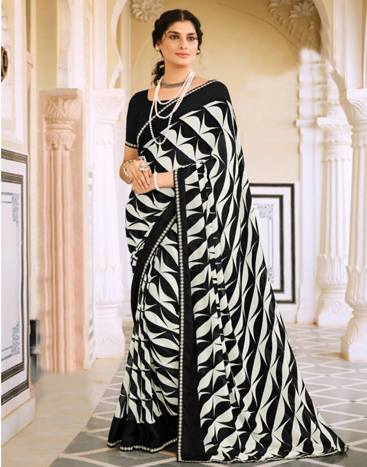 Off White And Black Georgette Saree -