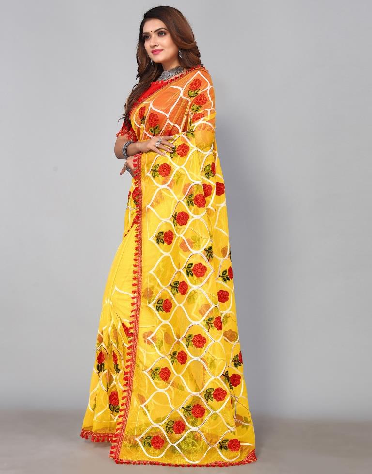 Yellow Embroidered Saree | Leemboodi