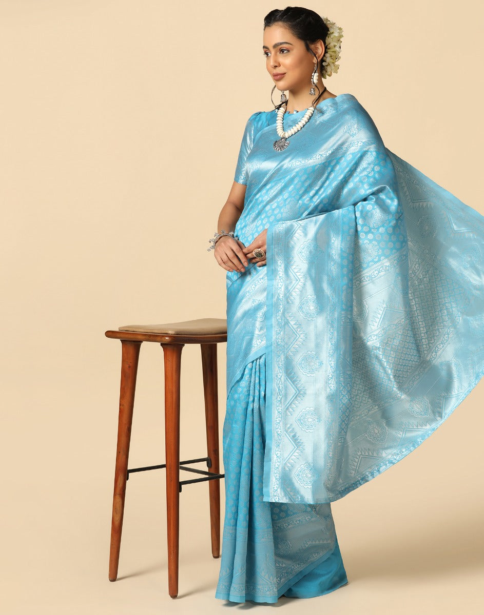 Lara SkyBlue Kanchipuram Silk Saree – Zariknyaa