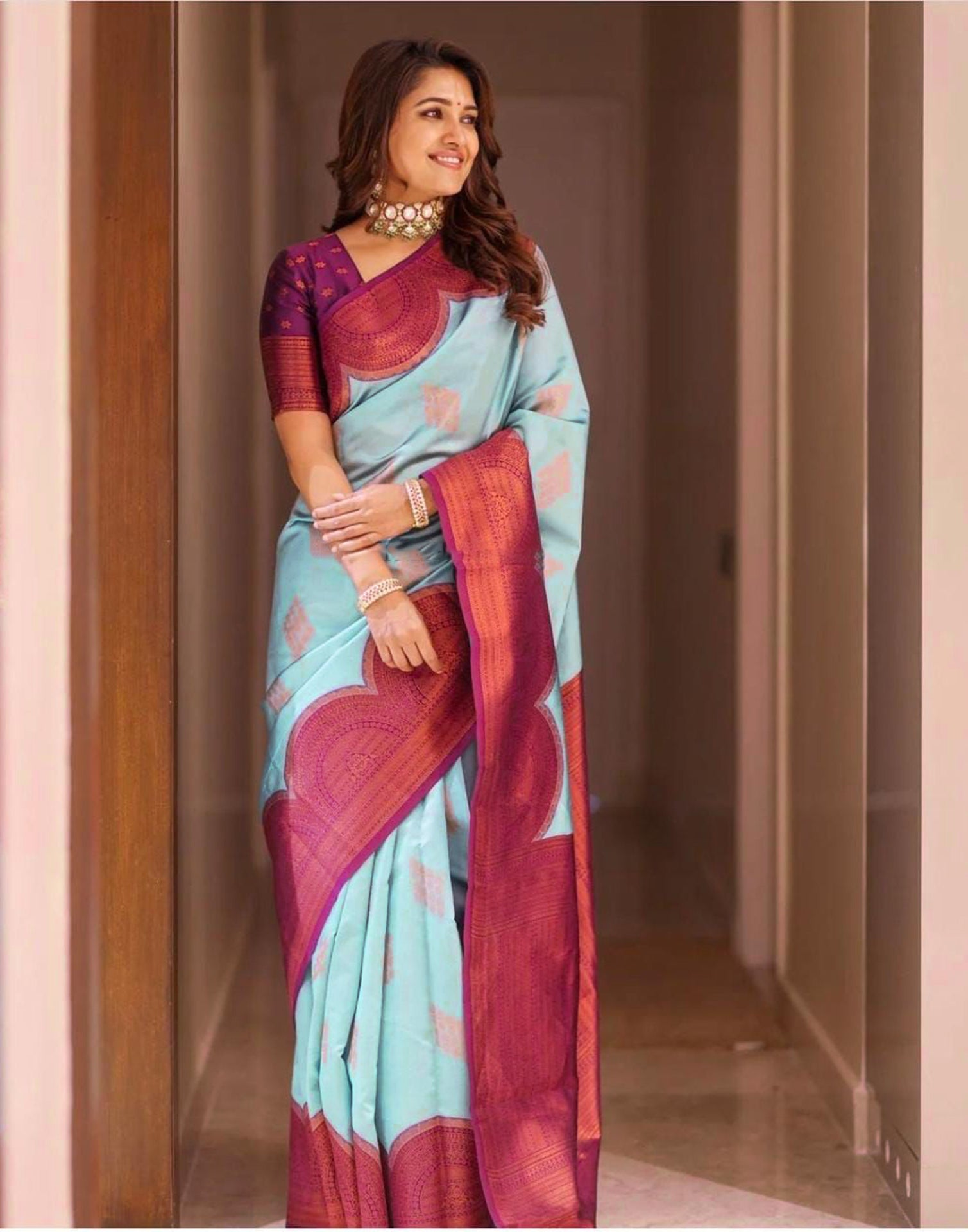 BEAUTIFUL BLUE SAREE WITH CONTRAST BLOUSE IDEAS - YouTube