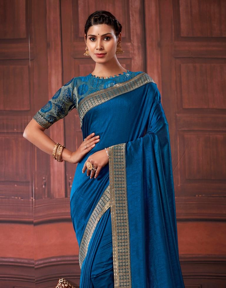 Fancy Teal Blue Color Sequence Thread Work Chinon Saree - Cl