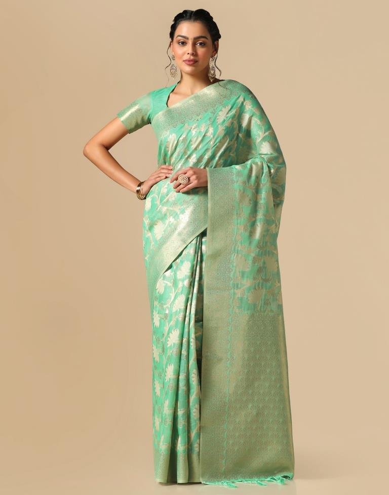 Turquoise Green Banarasi Cotton Saree | Leemboodi