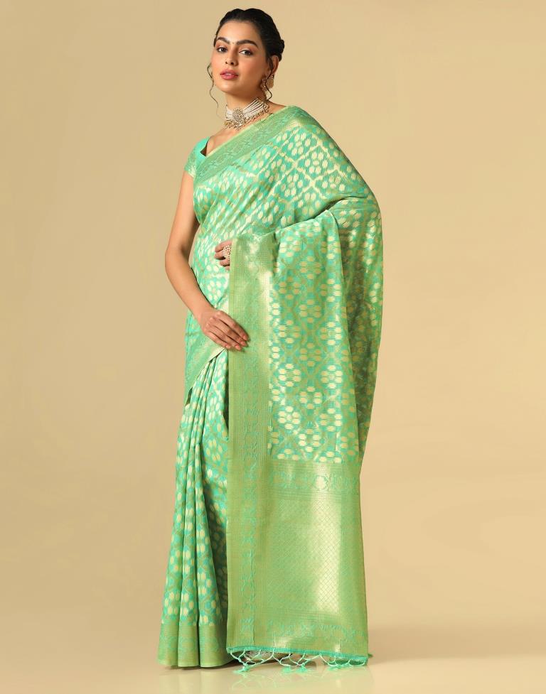 Turquoise Green Banarasi Cotton Saree | Leemboodi