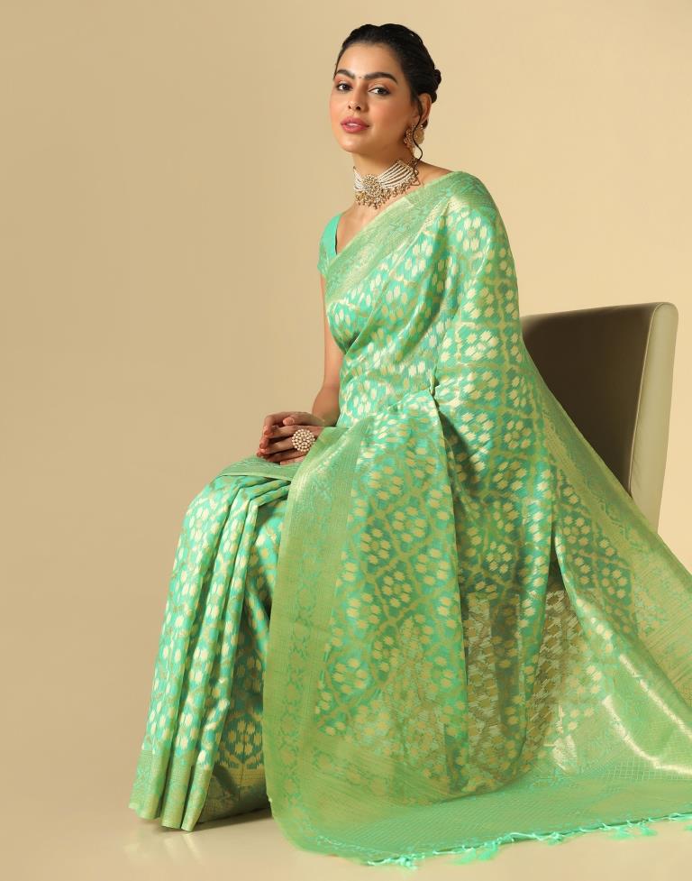 Turquoise Green Banarasi Cotton Saree | Leemboodi