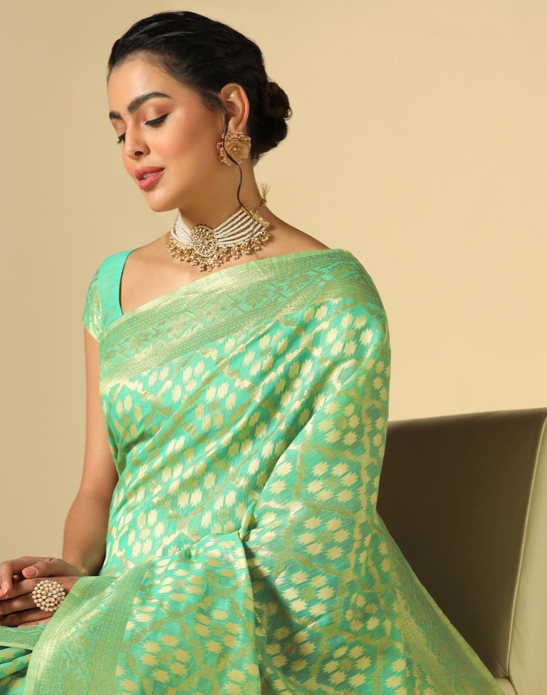 Turquoise Green Banarasi Cotton Saree | Leemboodi