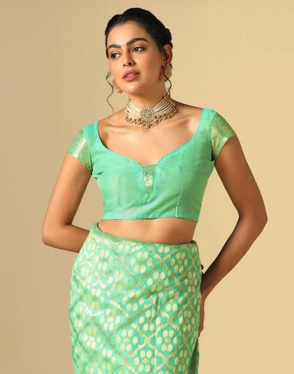 Turquoise Green Banarasi Cotton Saree | Leemboodi