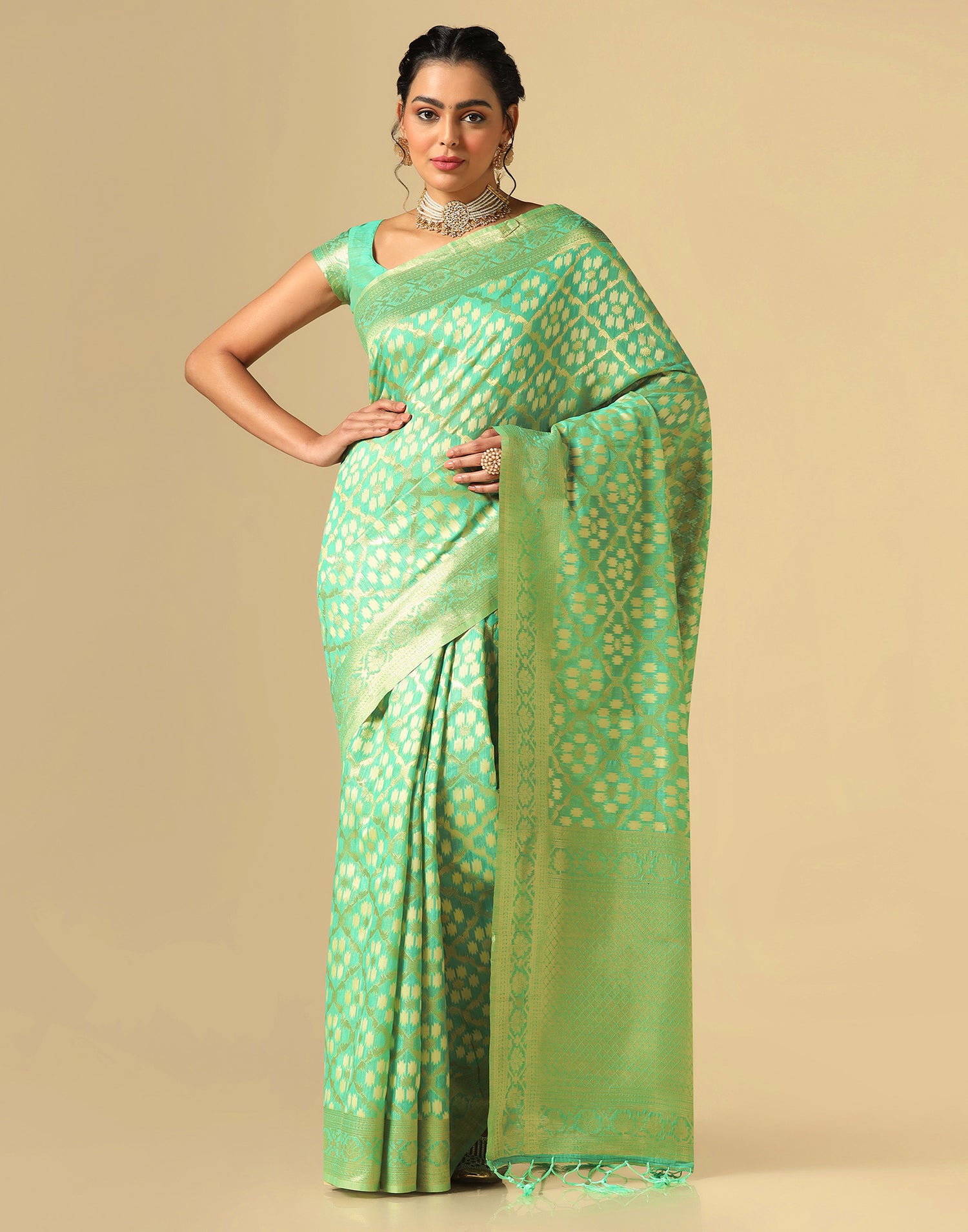 Turquoise Green Banarasi Cotton Saree | Leemboodi