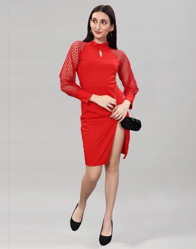 Red Coloured Lycra Knitted bodycon dress | Leemboodi
