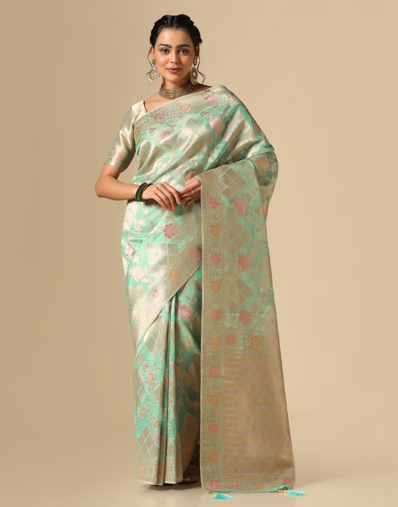 Mint Green Banarasi Silk Saree | Leemboodi