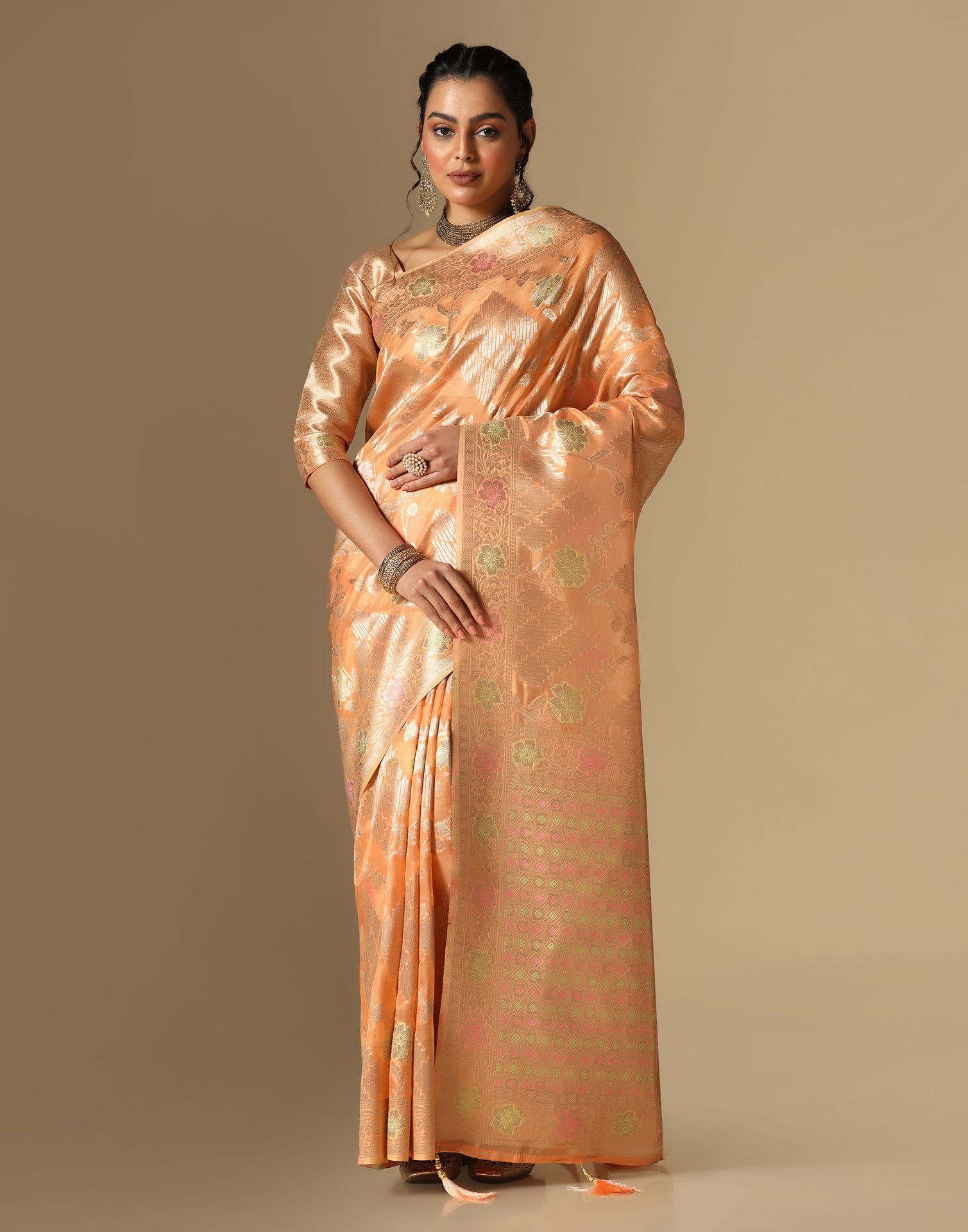 Light Orange Banarasi Silk Saree | Leemboodi