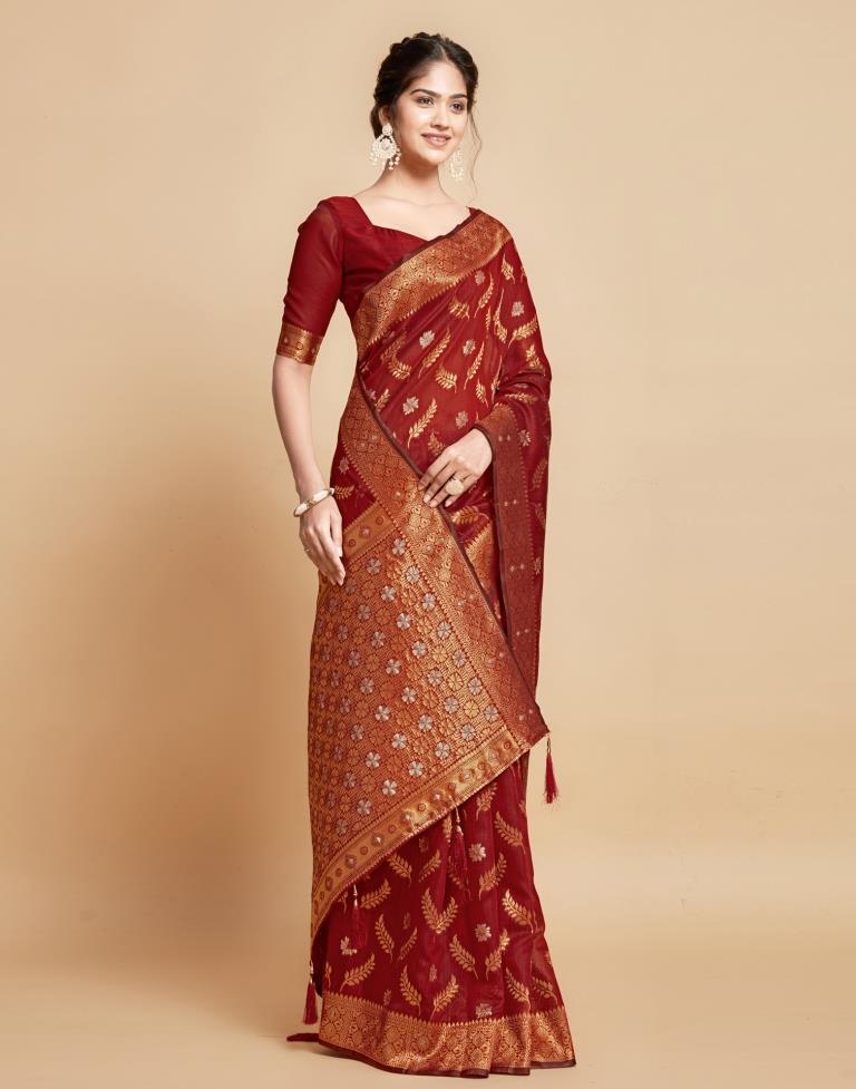 Maroon Linen Saree with Handwork - Sarees - Products