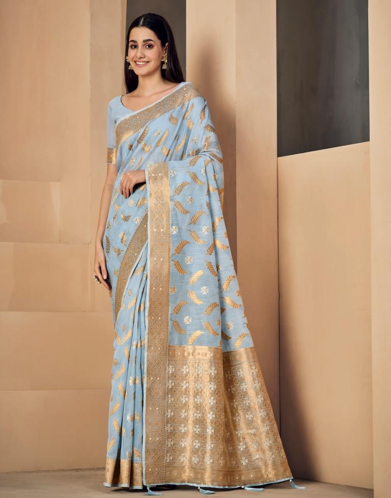 Sky Blue Woven Linen Saree - Shaaola.com