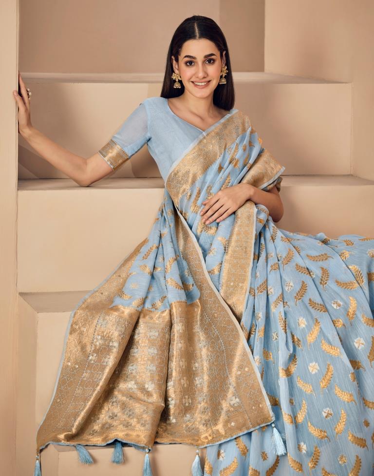 Powder Blue Woven Zari Elaborated Linen Saree SARV156104