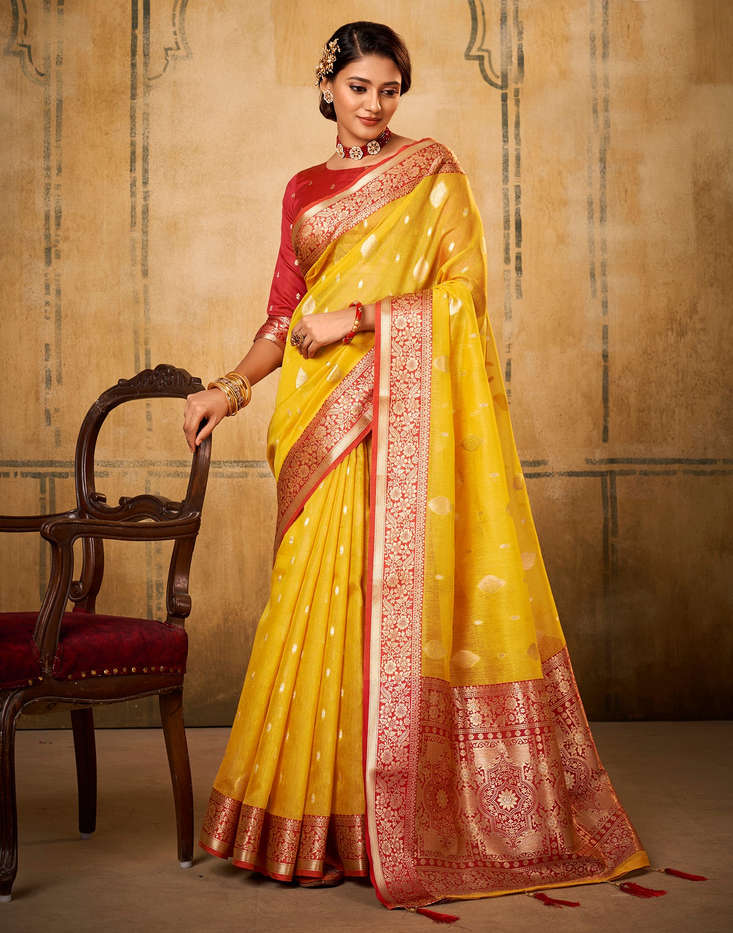 Mustard Yellow with Pink Border Art Silk Wedding Saree – paanericlothing