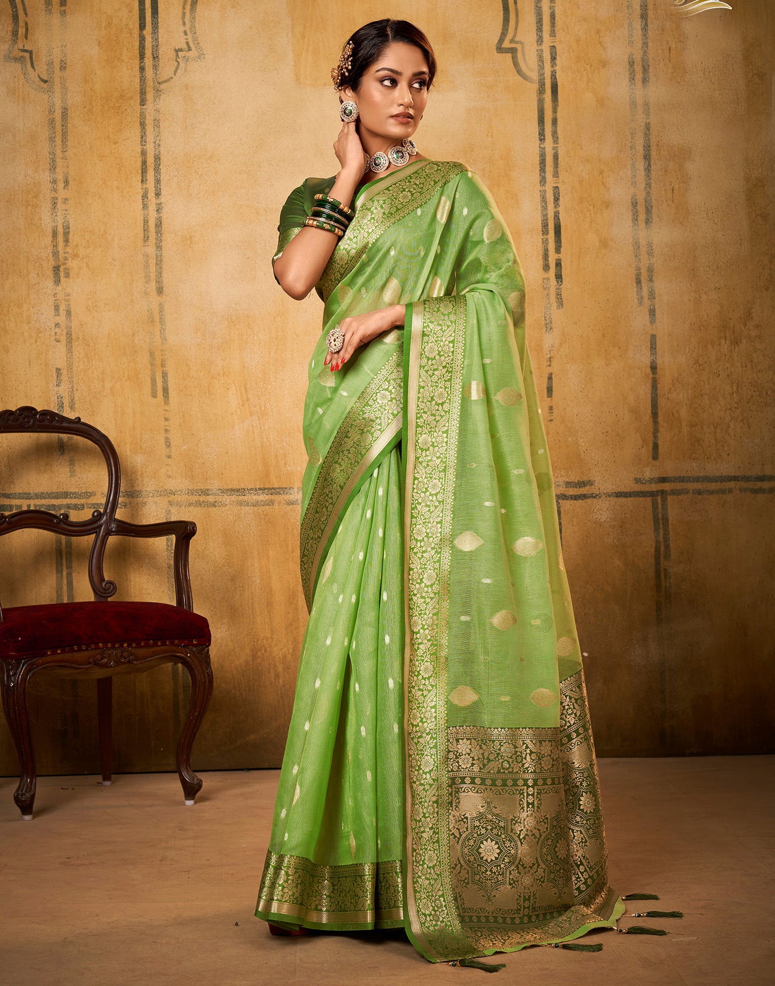 Light Green Handloom Tissue Silk Saree With Red Blouse | Kolour
