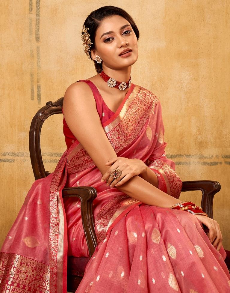 Coral Pink Silk Saree with Contrast Blouse - SGM52905