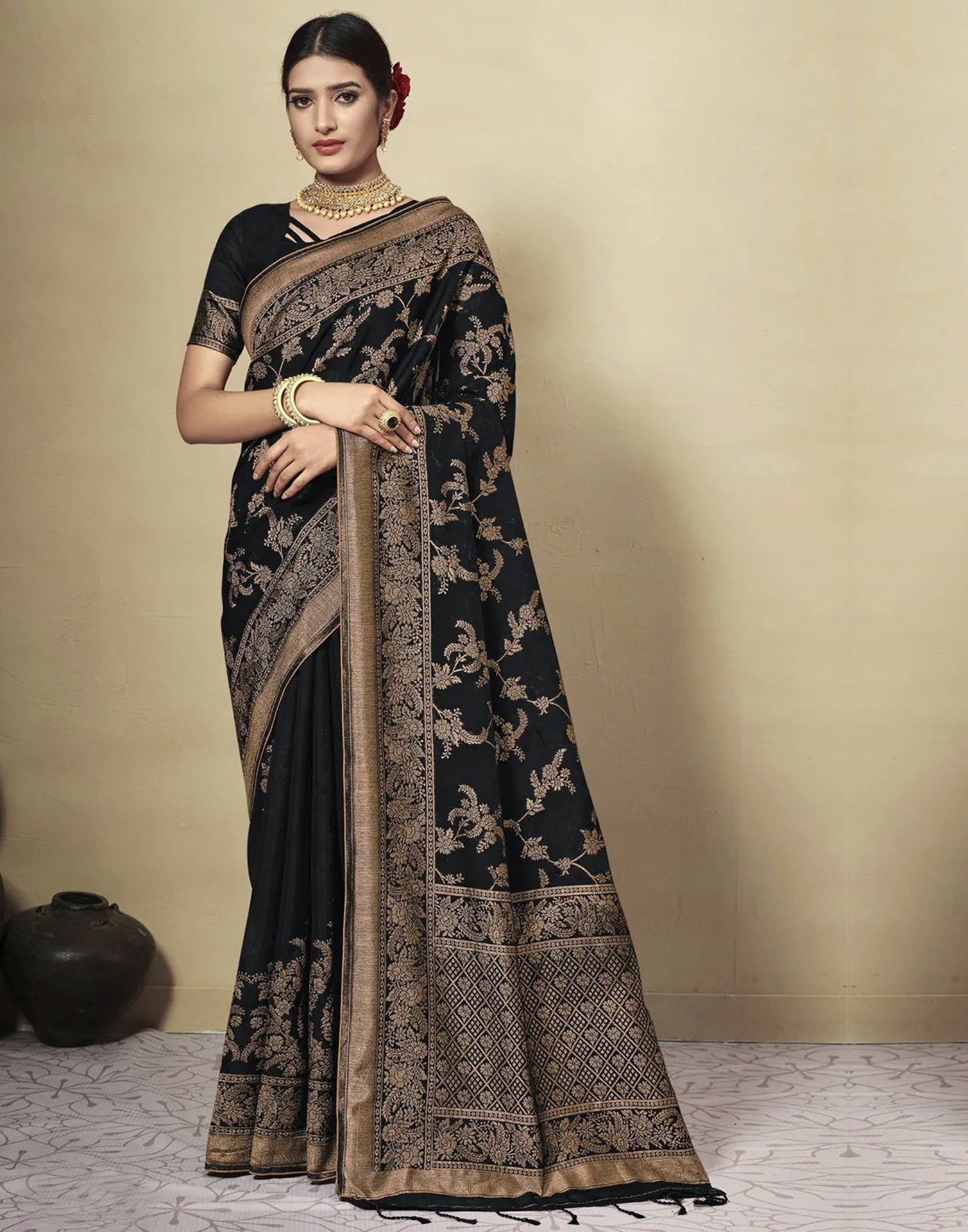 Black hand woven soft Cotton saree with Red border