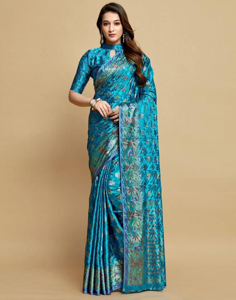 Soft Silk Kanchipuram Silk Saree in Cyan Blue and Pink | Bengal Looms