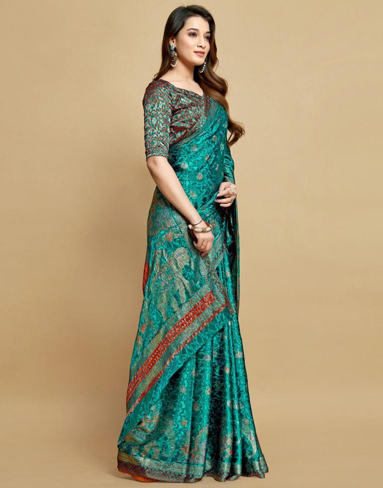 Buy Satrani Rama Green & Golden Woven Saree With Unstitched Blouse for  Women Online @ Tata CLiQ