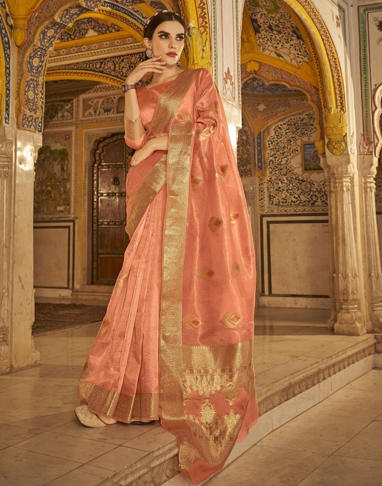 Latest Heavy Beautiful Designer Dola Simar & Weaving Peach Color Saree –  Fashionfy