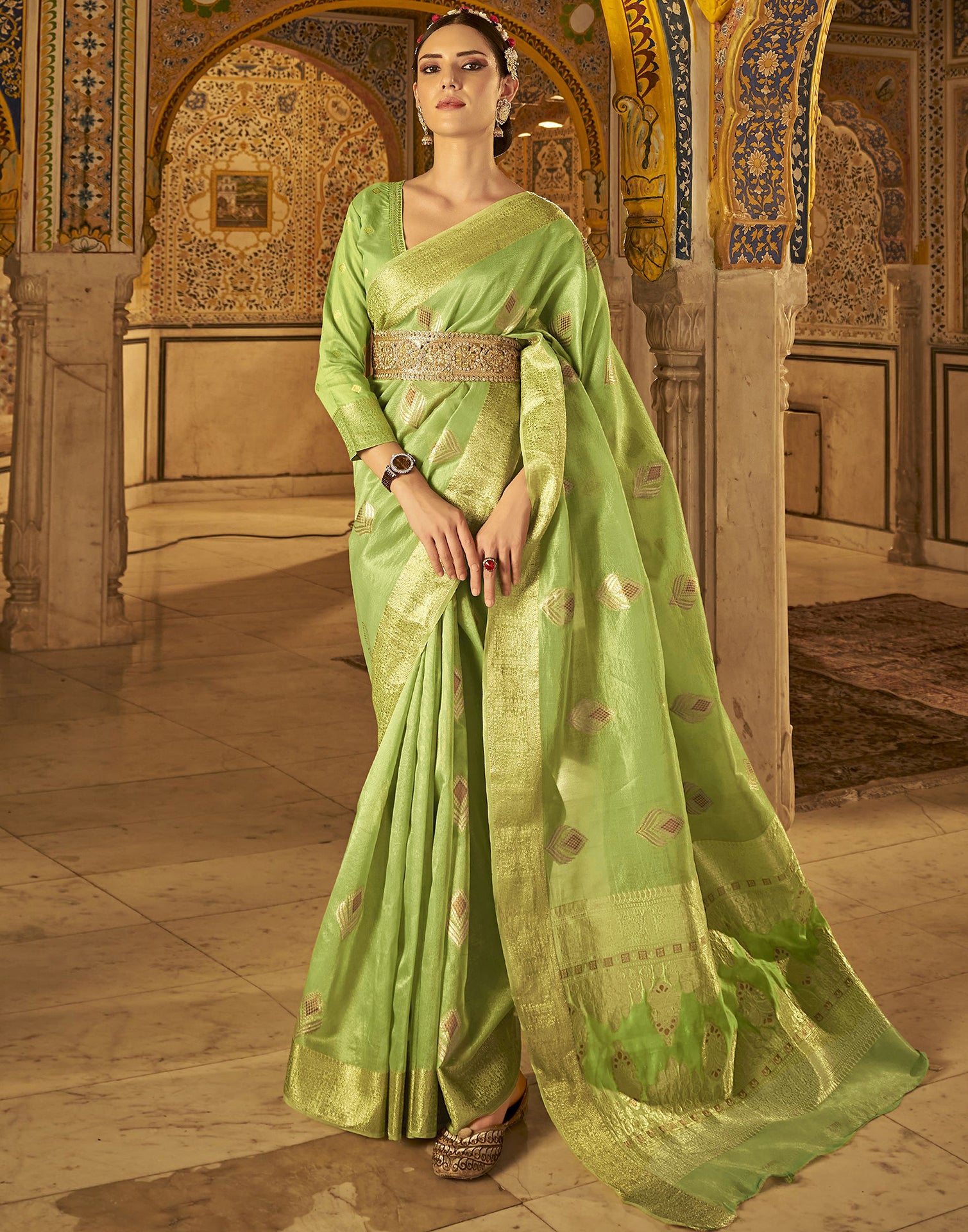 Leaf Green Printed Patola Silk Saree With Red Blouse | Kolour