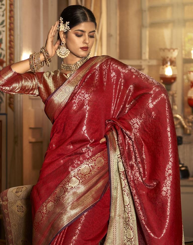 Cherry Red Silk Saree with Embroidered Blouse