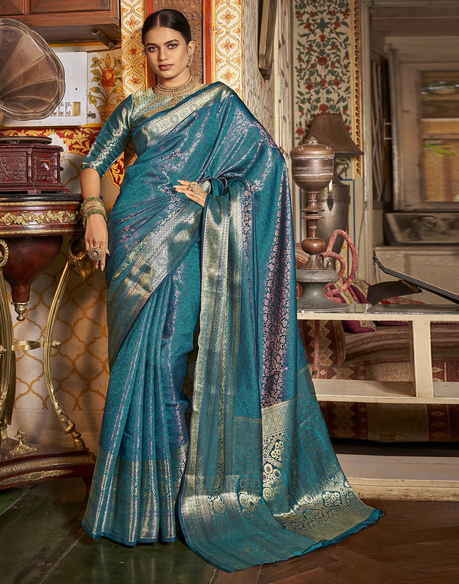 Buy Women's Gorgeous Rama with Royal Blue Colour Soft Silk Saree With  Brocade Blouse at Amazon.in