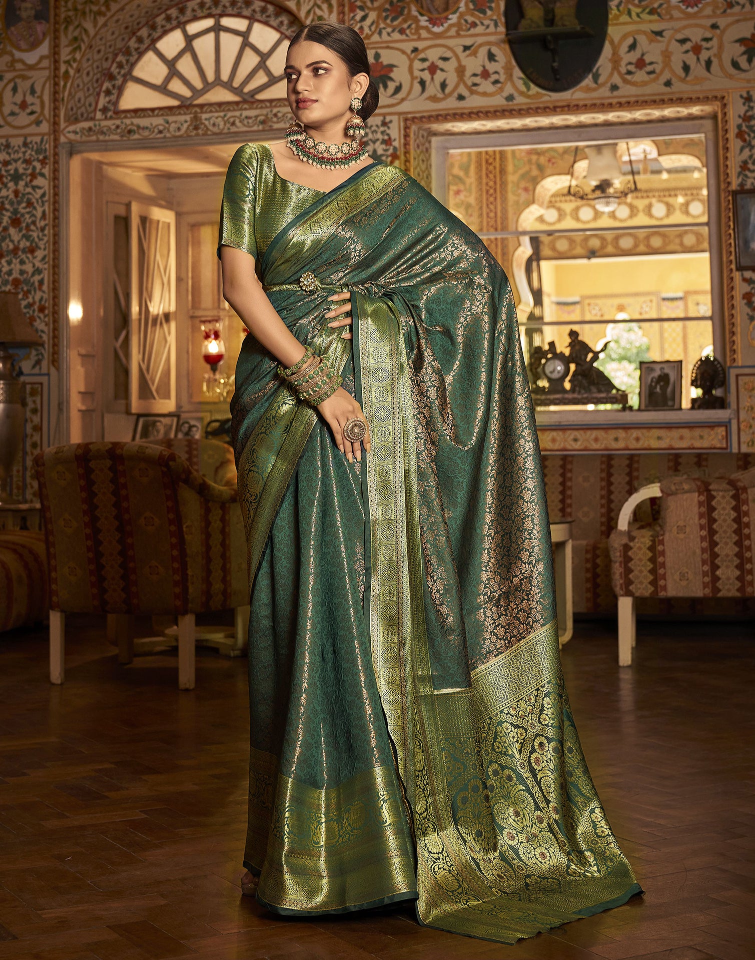 Extraordinary Dark Green Color Wedding Wear Silk Weave Saree With Fancy  Half Sleeve Blouse