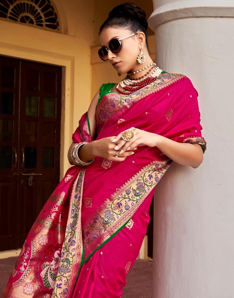 Orange and Hot Pink Zari Woven Silk Saree with Double Blouse