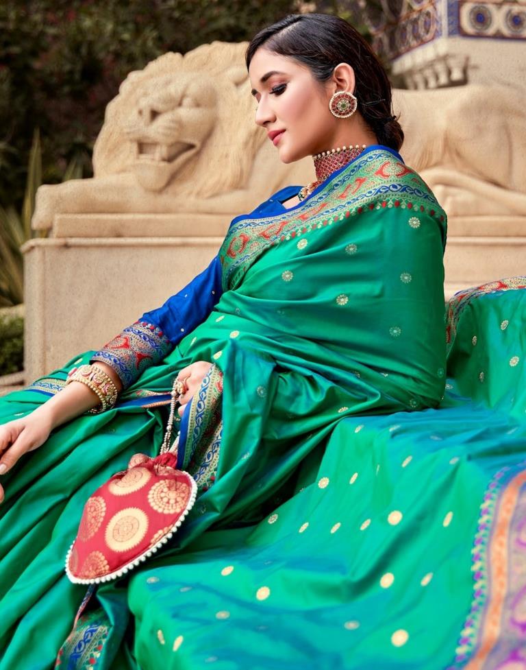 Embellished Rama Green Leheriya saree – Thread & Button