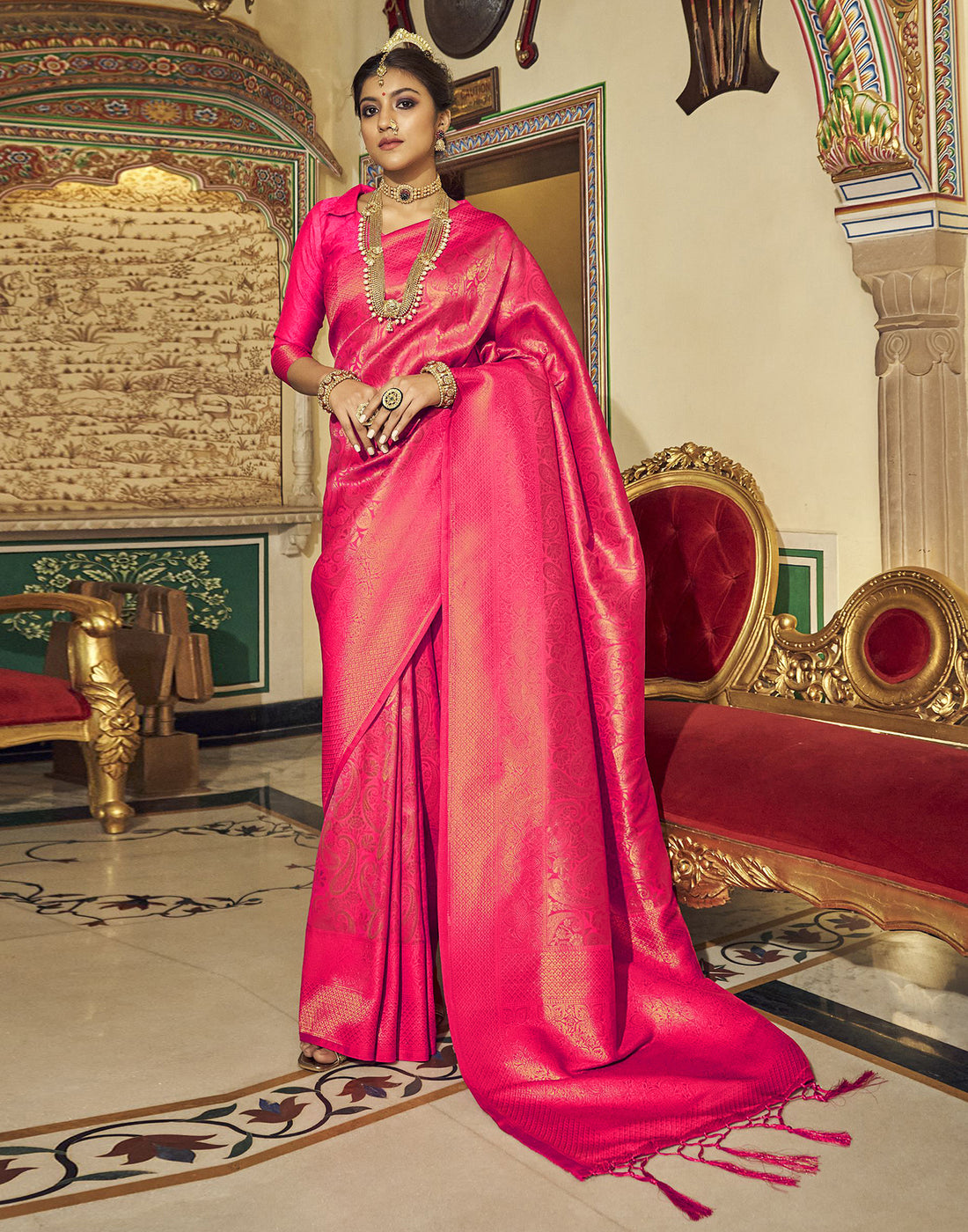 Hot Pink Kanjivaram Handloom Weaving Silk Saree | Leemboodi
