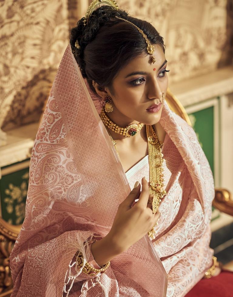 Checked Off-White Kanjeevaram Silk Saree With Brown Border
