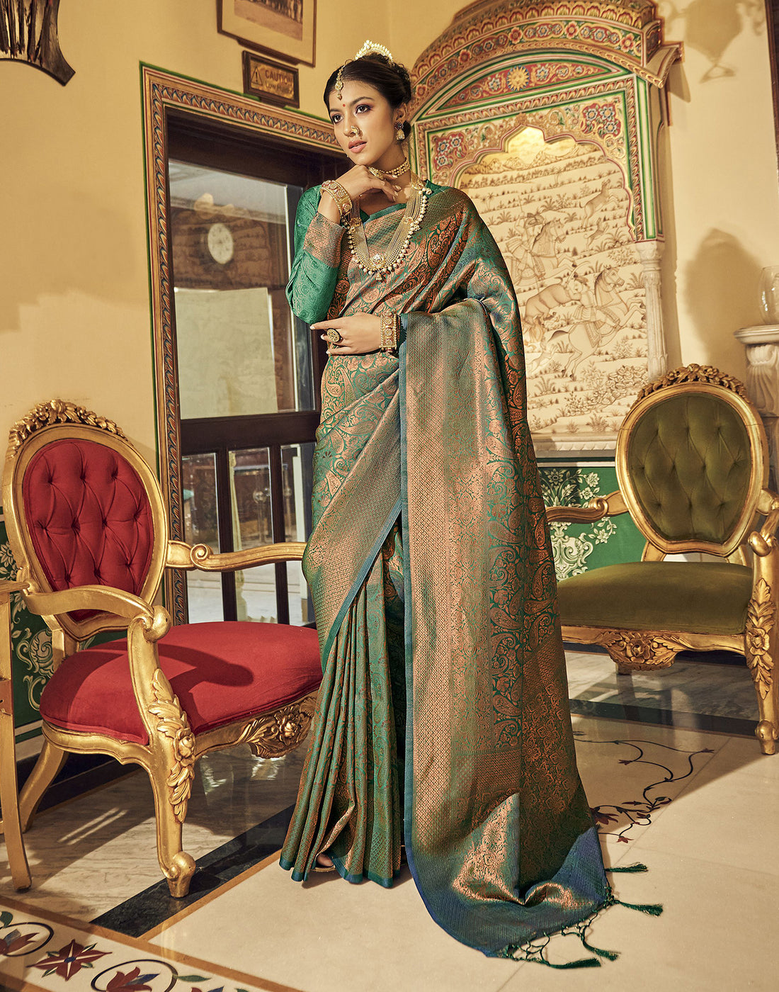Dark Green Kanjivaram Handloom Weaving Silk Saree | Leemboodi